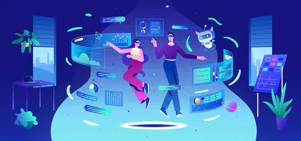 Metaverse teknoloji konsepti. Sanal gerçeklik gözlüklü düz insanlar ve ofiste bir robot. İş verileri ve grafiklerle çalışan fütüristik gözlüklerdeki karakterler. Kişi akıllı analiz kullansın.