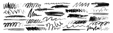 Vector hand drawn crayon doodle strokes, scribbles and charcoal wavy underline element set . Black grunge pencil squiggly lines, chalk pen strikethrough and marker strips isolated on white background. clipart