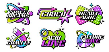 Retro Y2K logo şablonları tasarımı. Gömlek ve sokak kıyafetleri için asit renginde logolar. Etiketler, rozetler ve tipografi sloganı: Gelecekçi tarzında vektör tasarım unsurları. Farklı şekillerde cesur modern simgeler