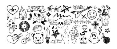 Grafitti kömür punk sembolleri. El çizimi pastel boya kalemli sert rock n roll ikonu, sinek burcu, müzik plakası, kanatlı iskelet, simge, yaralı kalp. Festival için tebeşir kalemli heavy metal çıkartması