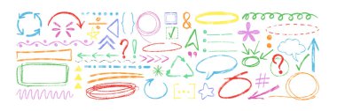 El çizimi pastel oklar, konuşma baloncukları, noktalama işaretleri ve kalem çemberleri. Chalk doodle çizim set altı çizili, diyalog kutuları, kontrol işaretleri, çerçeveler, vurgu unsurları ve karakalem satırları.