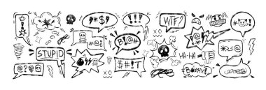 Chalk speech bubbles with swear words, curses, skull icon, censored with symbols in crayon grunge doodle style. Hand drawn black charcoal pencil swearwords for negative expression, angry or bad mood. clipart