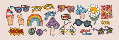 70 'lerin modası geçmiş hippi stilistlerinden oluşan bir vektör seti. Gülümseyen papatya çiçeği, gözleri, gökkuşağı, barış işareti V ve güneş gözlüklü agarik mantarlar. Klasik disko gözlüğü..