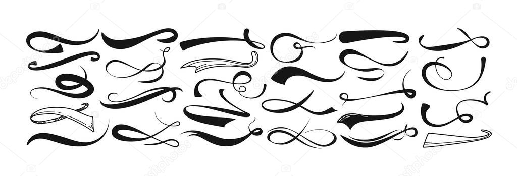 Sports swash tails, baseball swoosh in retro style. Underline wave line, black calligraphic swirl for football or athletics. Hand drawn curly swishes typographic set. Logo typography vector elements.