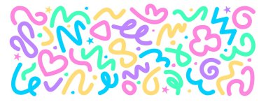 Renkli kıvrımlı çizgi, karalama tarzında soyut karalamalar. Renkli el çeşitli şekiller, vuruşlar ve yıldızlar çizdi. Özgür, çocuksu, cesur karalamalar. Çocuk partisi kutlamaları için moda tasarım unsurları.