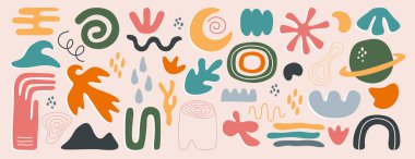 Soyut geometrik şekiller, çizgiler ve doğa formlarının vektör kümesi. El yapımı modaya uygun basit figürler, organik matisse tasarım elementleri. Serbest ve çocuksu simgeler, serbest karalama nesneleri