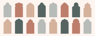 Eski İslami pencere şekli doğu tarzında. Arapça çerçeveler ya da doğal pastel renkte Arap cami kemerleri. Müslüman mimari geometrik tasarım elementleri, Fas asgari kapı seti. Bayram mübarek kapıları