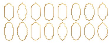 Altın islami pencere şekli. Arap altın kemeri, Ramazan kareem çerçeveleri. Fas sınırının Müslüman camii silueti, geçit. Bayram mübarek oryantal ayna seti. Kapı ya da kapının Arap mimari unsurları