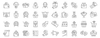 Sadakat programı ikonları, ayrıcalıklı avantajlar ve VIP üyeleri için hediyeler. Vektör el, müşteri ödülü işaretleri, sadık müşterileri teşvik, kupon, indirim kartı ya da kupon. Torbadaki bonus yıldız sembolleri.