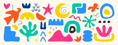 Soyut basit geometrik şekiller, çizgiler ve doğa formlarının vektör kümesi. El yapımı modaya uygun temel figürler, organik matisse elementleri. Serbest biçim renk nesneleri, çiçekli bitkiler, yapraklar.