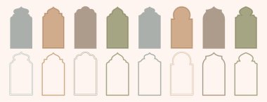 Eski İslami pencere şekli doğu tarzında. Arapça çerçeveler ya da doğal pastel renkte Arap cami kemerleri. Müslüman mimari seti geometrik tasarım elementleri ya da Fas kapıları. Bayram mübarek kapıları.