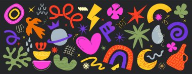 Soyut serbest biçim vektör kümesi, geometrik biçimler, karalamalar veya karalama tasarım elementleri. El yapımı basit figürler, renkli doğal organik nesneler, siyah arkaplanda kıvrımlar