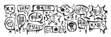 Graffiti spray paint speech bubbles or dialogue boxes with swear words, insults, skull, bomb icon, censored with symbols. Hand drawn inky swearwords with splatters. Negative emotions, anger, bad mood. clipart