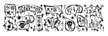 Graffiti sprey boyası karikatür baloncukları, küfürler, hakaretler, kırıcı sözler, kafatasları, sansürlenmiş. El çizimi mürekkep konuşma balonları, diyalog kutusu küfürlü metin çerçeveleri. Saldırgan duygular, küfürler.