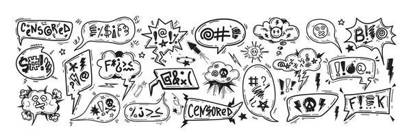 stock vector Hand drawn doodle sketch speech bubbles with insults, curses, swear word symbols and offensive language. Bad words in talk frames, comic explosion boxes or chat balloons for angry, negative expression