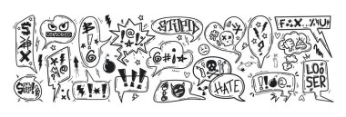 Elle çizilmiş karalama konuşma baloncukları, hakaretler, küfürler, küfürler ve sansürlenmiş semboller. Konuşma çerçevelerinde kötü kelimeler, çizgi roman patlama kutuları, kızgın, olumsuz ifadeler veya nefret için diyalog balonları