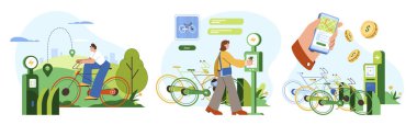 Çevre dostu ulaşım, bisiklet paylaşım uygulaması. Sürdürülebilir ulaşım konsepti. Parkta bisiklet süren bir adam, bisiklet kiralayan bir kadın ya da istasyona geri dönen bir kadın. Düz gençler şehirde bisiklet sürüyor.