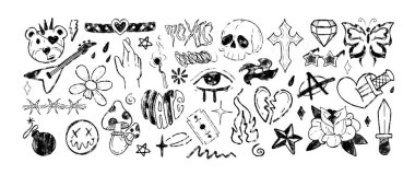 Y2k dövme çıkartması, kömür kalem emo gotik sembol. Grafitti el çizdi karalama punk boya kalemi gülümseme emoji, ayı kafası, sinek agarik, bıçaklanmış kalp, dikenli tel, zehirli kelime, ateş alevi ve rock yıldızı ikonları
