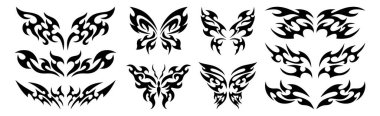 Neo kabilesi y2k dövme seti. Kanatları, alevi, kalp şekli, simetrik soyut ayrıştırıcıları olan neotribal gotik kelebek. Siber silizm tasarım elementleri. Kelt gotik vücut süsleri, emo stilize etiketler.