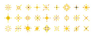 Pikselin ışıltılı yıldızları 8bit retro tarzında ayarlandı. Pikselleşmiş ışıltı ya da havai fişek patlamaları. Parlak elementler, parlak kıvılcımlar vektör çizimi. Basit, küçük, sarı, parıldayan ikonlar koleksiyonu.