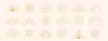 Doğrusal Boho Gündoğumu logosu, günbatımı sembolleri ve güneş ışınları. El çizimi güneş patlaması, altın ana hatlı güneş ışığı çizgisi simgeleri asgari bohem tarzında. Mistik sihirli esrarengiz tasarım elemanları koleksiyonu