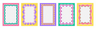 Deniz tarağı kenarlı renkli dikdörtgen çerçevelerin vektör kümesi. Zig zag kenarlı karalamalı fotoğraf sınırları. Wiggly groovy şekiller, funky geometrik metin kutusu çerçeve veya sivri kenarlı kıvrımlı aynalar