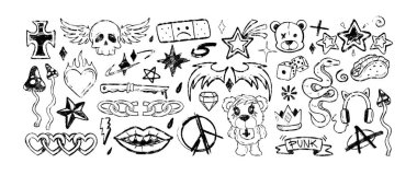 Kömür graffiti karalama punk sembolleri. İskelet kafalı el yapımı sert taş çıkartmaları, sinek kulaklıkları, emo gotik kalp ve kırık zincirler. Tebeşir kalem heavy metal müzik simgeleri