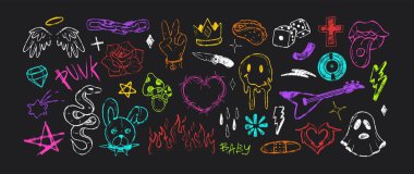 Kömür graffiti karalama punk sembolleri. Elle çizilmiş renkli ağır metal çıkartmalar eriyen yüz emojisi, uçan agarik, yanan alev, gotik tel kalp, zar, müzik plakası. Kireç taşı simgeleri