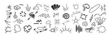 Line movement elements, japanese manga emotion effects doodle icons set. Hand drawn anime comic expression symbols or scribbles. Explosions, swirl, emphasis, wind, sparkles and decorative action lines clipart