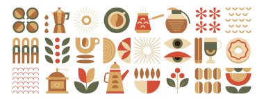 Geometrik Bauhaus kahve minimalist elementlerin vektör kümesi. Soyut asgari yapraklar, doğal organik bitkiler, fasulyeler, içecek kupaları ve restoran kapağı tasarımı için ot, bar, dükkan paketi veya kafe menüsü