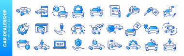 Vektör, araba satıcısının ince çizgi simgelerini belirledi. Otomotiv endüstrisi, oto satış galerisi, araç ticareti merkezi doğrusal sembolleri, ulaşım sigortası. Kiralama hizmeti, yol desteği, otomobil tamirhanesi.