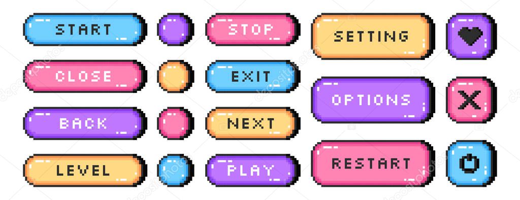 Vector set of pixel art colored start, next, stop, exit, level buttons. Pixelated video game symbols, frame, interface menu icons in 8bit retro style. Vector ui elements for mobile app, arcade design