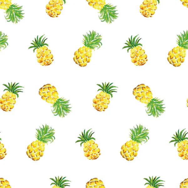Watercolor seamless pattern of pineapple on white background. Hand drawn texture for textile, wallpaper, fashion, linens and banner print. In modern style