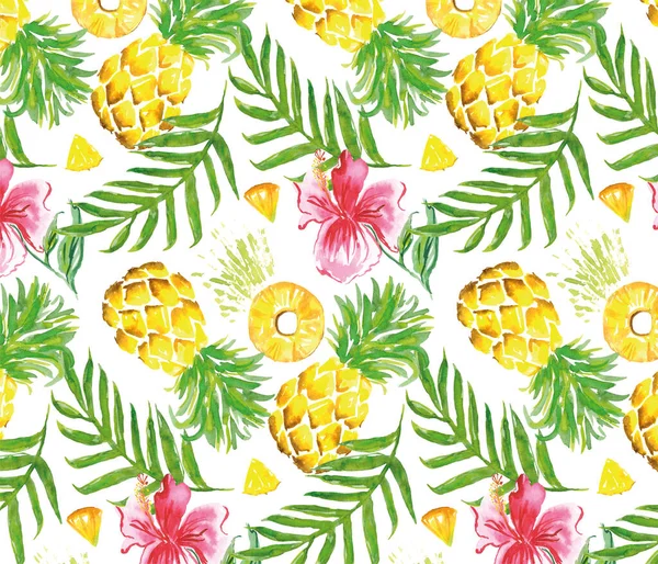 Watercolor Seamless Pattern Pineapple Hibiscus Palm Leaf White Background Hand — Stock Photo, Image