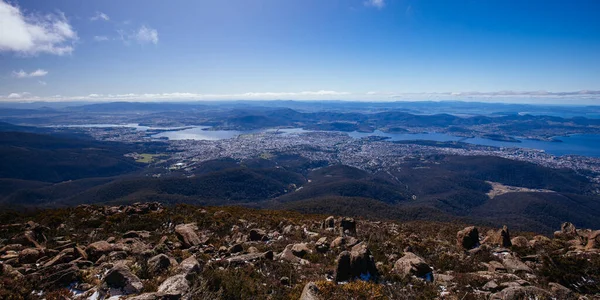 stock image The iconic view from the summit of Mt Wellington on a cold spring morning looking over Hobart in Tasmania, Australia