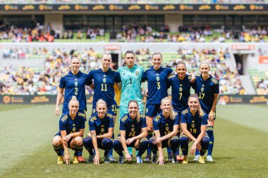 MELBOURNE, AUSTRALIA - NOVEMBER 12: Swedish team before playing Australia in a friendly match at AAMI Park on November 12, 2022 in Melbourne, Australia clipart