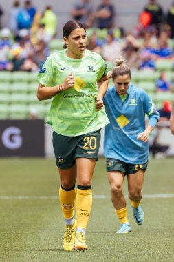 12 Kasım 2022 'de Avustralya' nın Melbourne kentinde oynanan AAMI Park dostluk maçında İsveç 'te oynamadan önce Avustralya' dan Sam Kerr antrenman yapıyor.