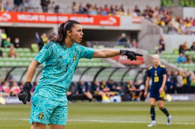 MELBOURNE, AUSTRALIA - NOVEMBER 12: Zecira Musovic of Sweden shouts at her team whilst playing Australia in a friendly match at AAMI Park on November 12, 2022 in Melbourne, Australia clipart