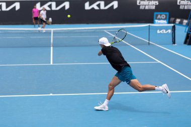 MELBOURNE, AUSTRALIA - JANUARY 13: Holger Rune DEN in practice ahead of the 2023 Australian Open at Melbourne Park on January 13, 2023 in Melbourne, Australia.