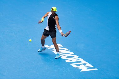 MELBOURNE, AUSTRALIA - JANUARY 13: Rafael Nadal of Spain practices ahead of the 2023 Australian Open at Melbourne Park on January 13, 2023 in Melbourne, Australia.