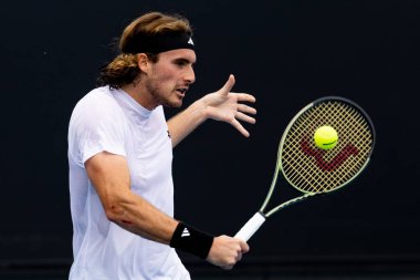 MELBOURNE, AUSTRALIA - JANUARY 13: Stefanos Tsitsipas of Greece practices ahead of the 2023 Australian Open at Melbourne Park on January 13, 2023 in Melbourne, Australia.