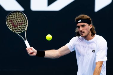 MELBOURNE, AUSTRALIA - JANUARY 13: Stefanos Tsitsipas of Greece practices ahead of the 2023 Australian Open at Melbourne Park on January 13, 2023 in Melbourne, Australia.
