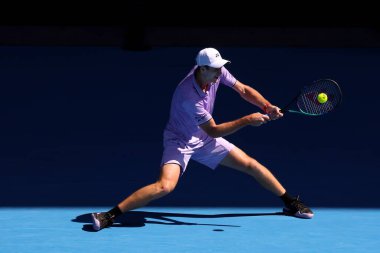 MELBOURNE, AUSTRALIA - JANUARY 22: Hubert Hurkacz of Poland plays Sebastian Korda of USA in the 4th round of the 2023 Australian Open at Melbourne Park on January 22, 2023 in Melbourne, Australia.