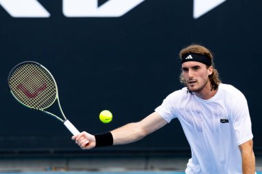 MELBOURNE, AUSTRALIA - JANUARY 13: Stefanos Tsitsipas of Greece practices ahead of the 2023 Australian Open at Melbourne Park on January 13, 2023 in Melbourne, Australia.