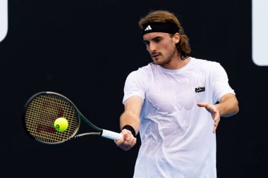 MELBOURNE, AUSTRALIA - JANUARY 13: Stefanos Tsitsipas of Greece practices ahead of the 2023 Australian Open at Melbourne Park on January 13, 2023 in Melbourne, Australia.