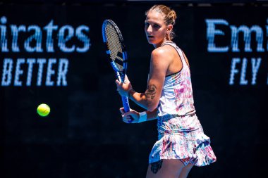 MELBOURNE, AUSTRALIA - JANUARY 23: Karolina Pliskova of Czech Republic plays Shuai Zhang of China on day 8 of the 2023 Australian Open at Melbourne Park on January 23, 2023 in Melbourne, Australia.