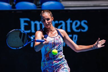 MELBOURNE, AUSTRALIA - JANUARY 23: Karolina Pliskova of Czech Republic plays Shuai Zhang of China on day 8 of the 2023 Australian Open at Melbourne Park on January 23, 2023 in Melbourne, Australia.