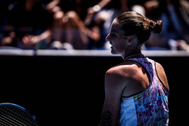 MELBOURNE, AUSTRALIA - JANUARY 23: Karolina Pliskova of Czech Republic plays Shuai Zhang of China on day 8 of the 2023 Australian Open at Melbourne Park on January 23, 2023 in Melbourne, Australia.