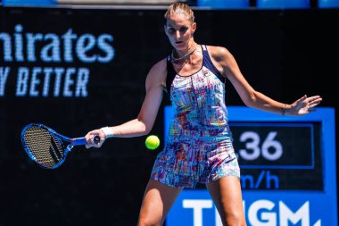 MELBOURNE, AUSTRALIA - JANUARY 23: Karolina Pliskova of Czech Republic plays Shuai Zhang of China on day 8 of the 2023 Australian Open at Melbourne Park on January 23, 2023 in Melbourne, Australia.
