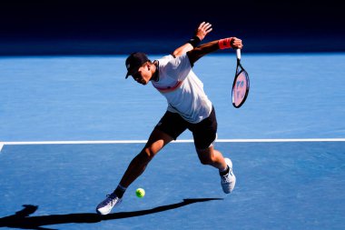 MELBOURNE, AUSTRALIA - JANUARY 23: Ben Shelton of USA plays J.J. Wolf of USA in the 4th round on day 8 of the 2023 Australian Open at Melbourne Park on January 23, 2023 in Melbourne, Australia.